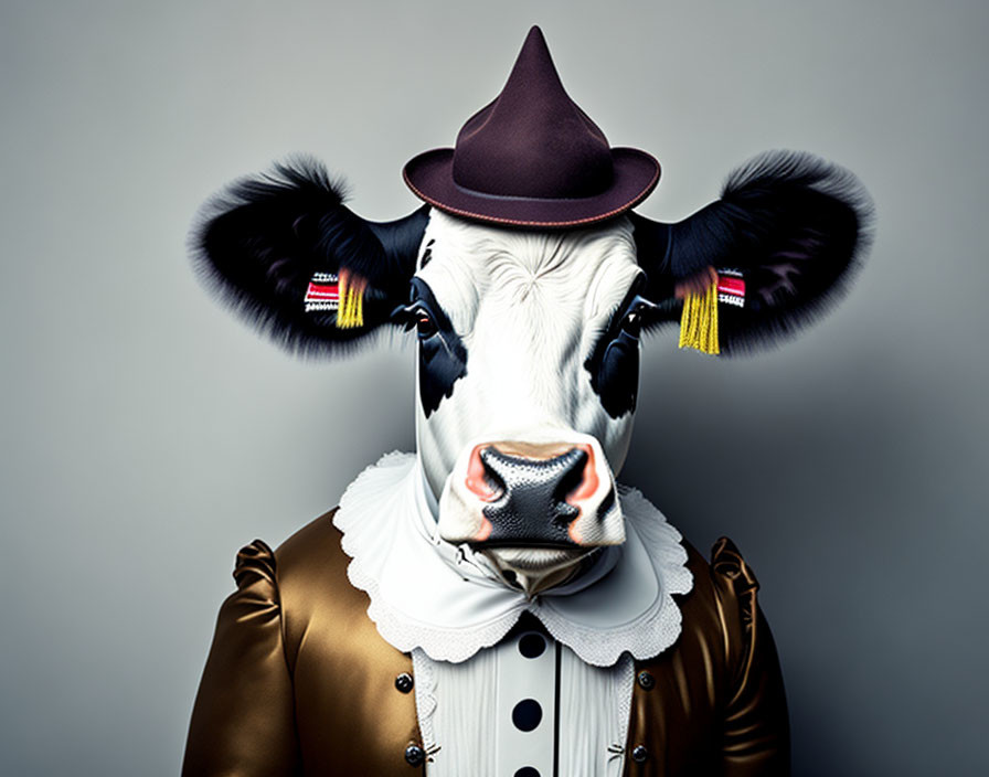 Cow wearing hat, blouse, vest, and German flag earrings on grey background