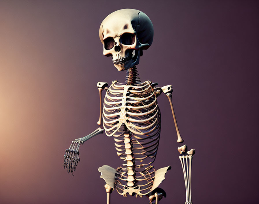 Quirky human skeleton posing with hand on hip on purple background