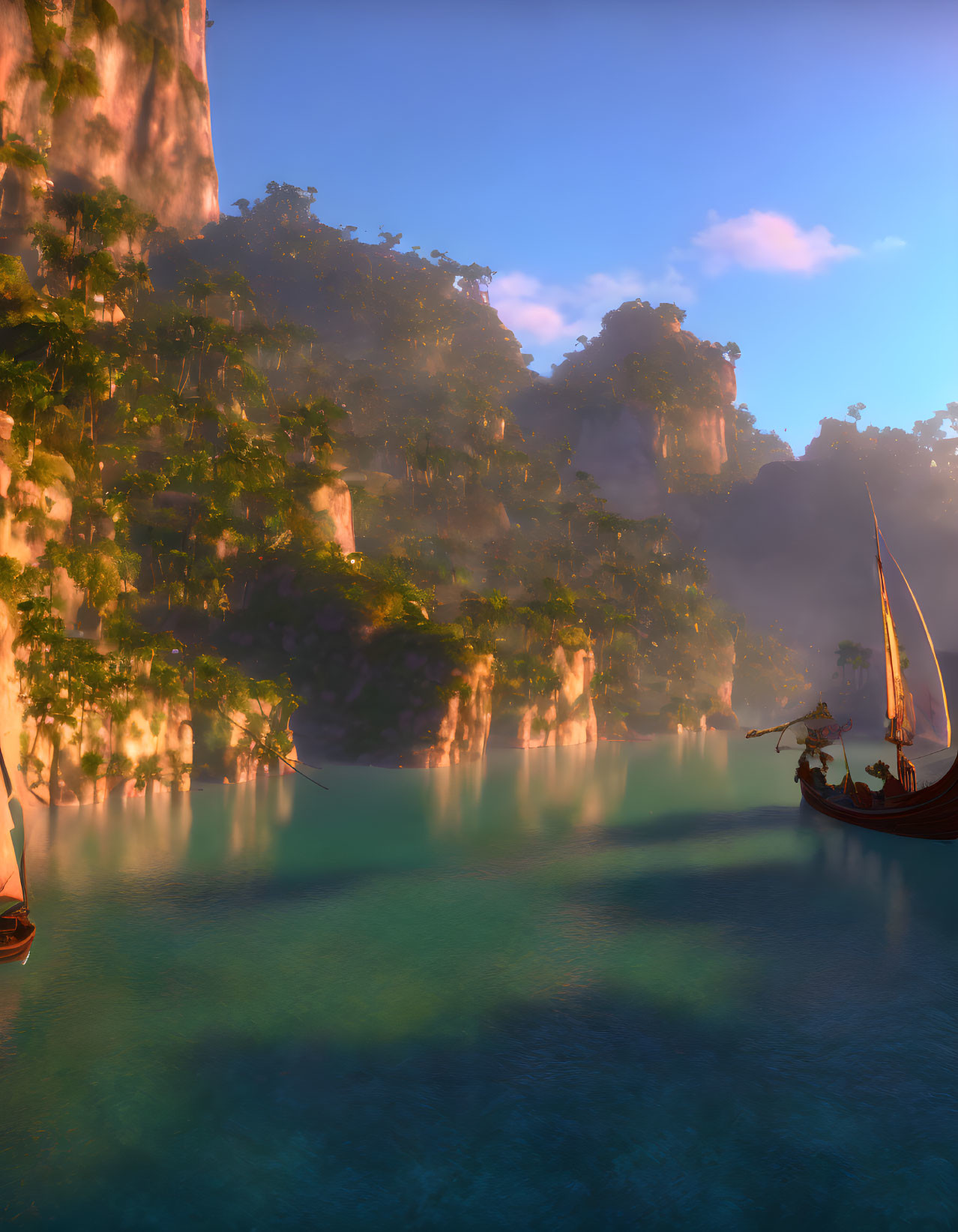 Tropical Cove with Towering Cliffs and Boat on Tranquil Waters