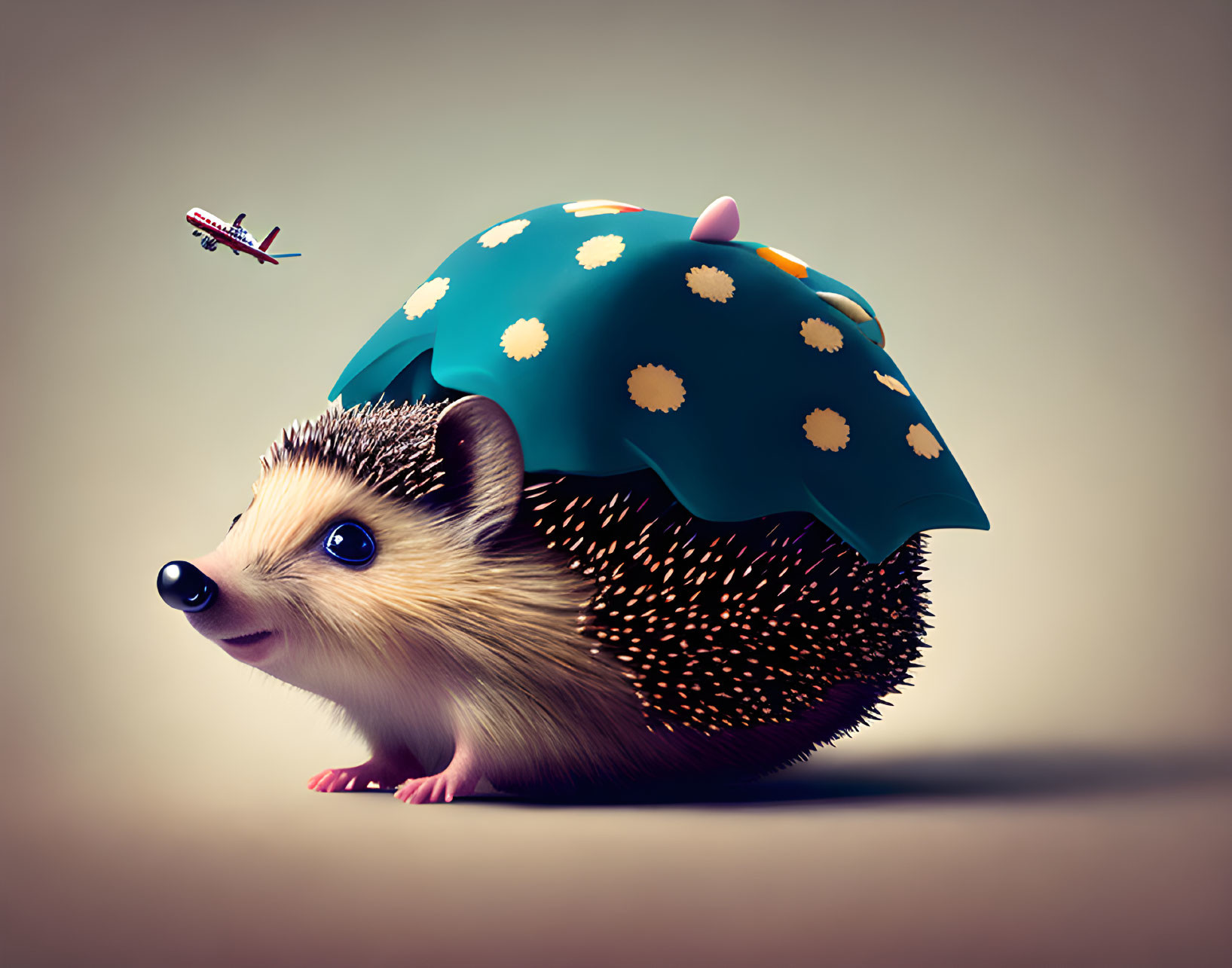 Cute hedgehog with blue mushroom shell and tiny airplane in whimsical digital art