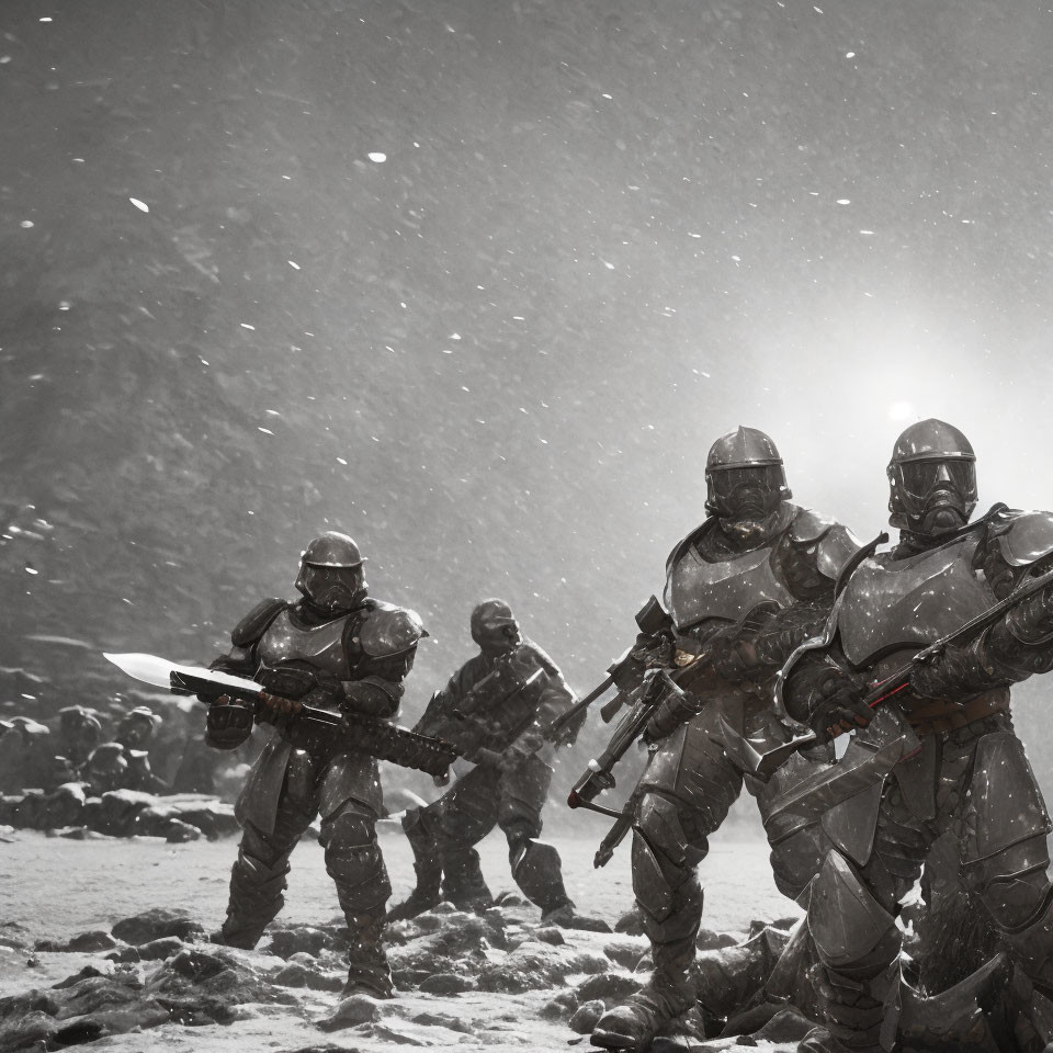 Futuristic soldiers in armor marching through snowy landscape