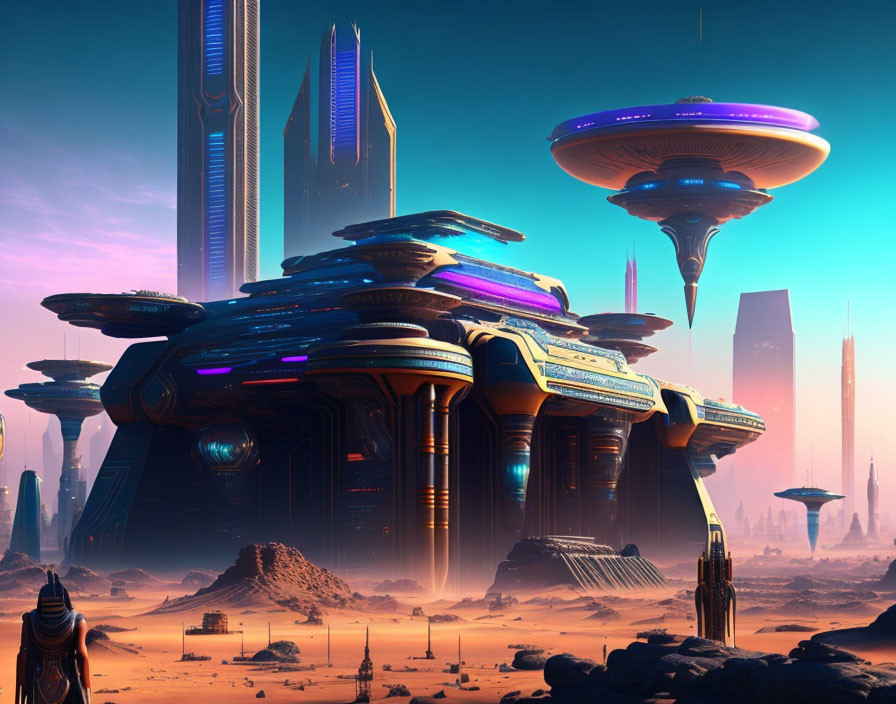 Futuristic cityscape with towering spires and floating structures