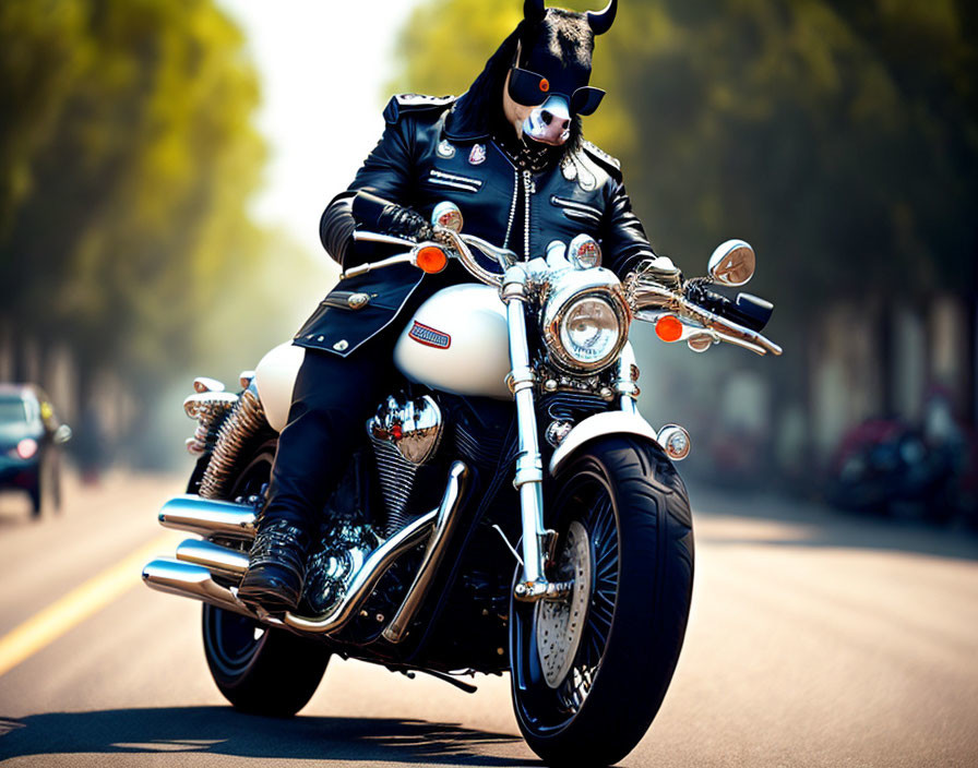 Person in black leather jacket with skull helmet rides white motorcycle down tree-lined road