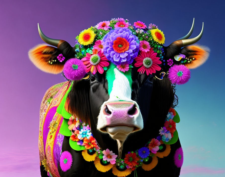 Vibrant cow art with floral patterns on colorful background