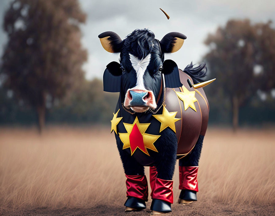 Cow in superhero costume with star-covered outfit & cape