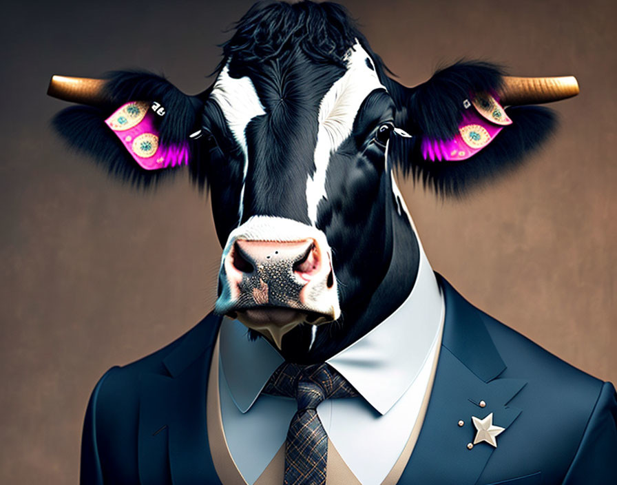 Cow with human body in suit, tie, sunglasses, neon lights, golden croissant horns