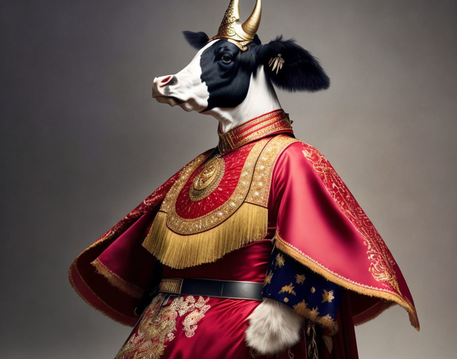 Cow in Roman Gladiator Costume Against Neutral Background