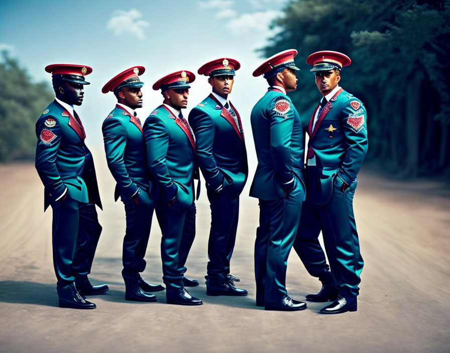 Six individuals in teal suits and red berets stand in a row on a road, surrounded by trees