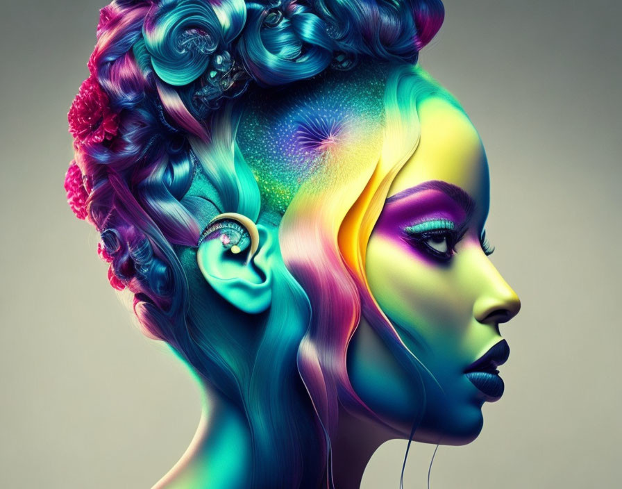 Colorful digital artwork of a woman with multi-colored hair and floral makeup