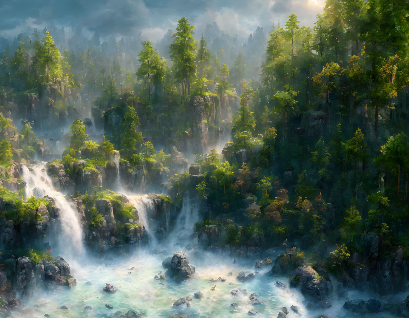 Tranquil landscape with waterfalls, forests, and misty sunlight