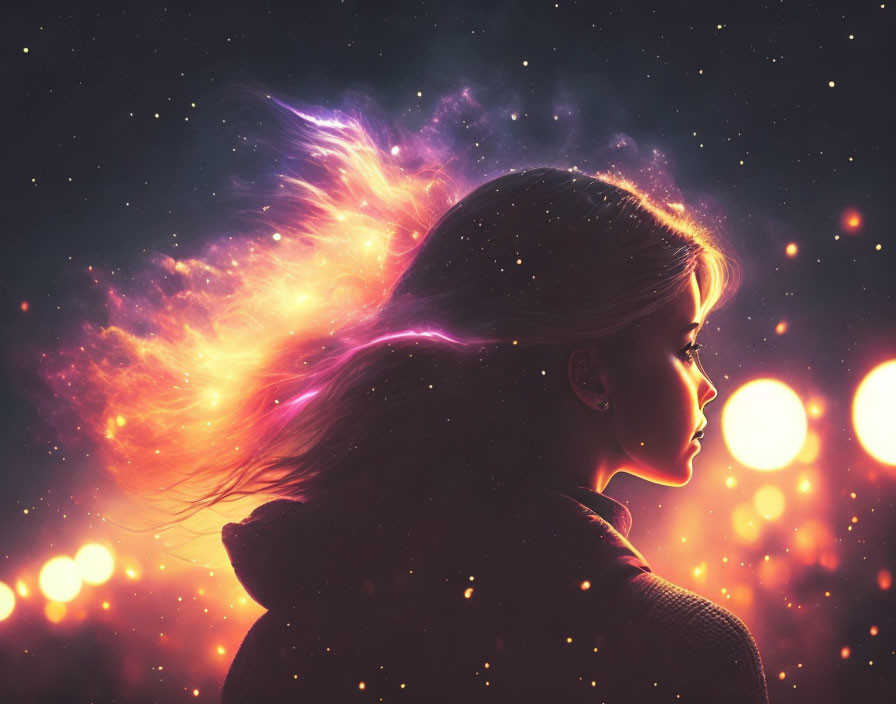 Profile of woman with cosmic hair in vibrant nebula on starry background