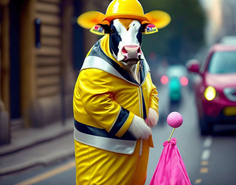 Cow's Head on Person in Raincoat with Umbrella on City Street