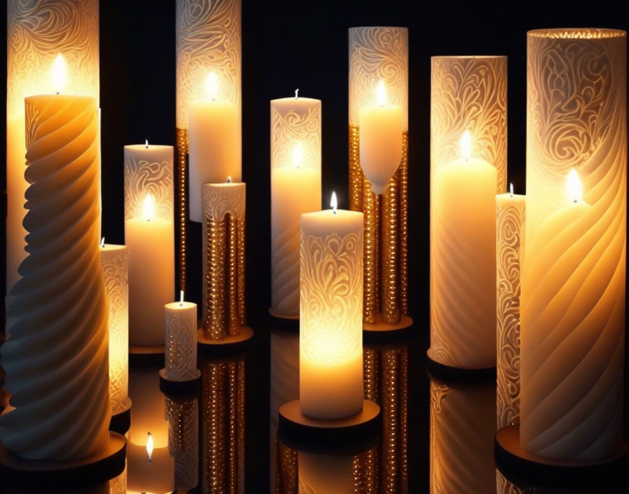 Intricately designed lit candles in a dark setting