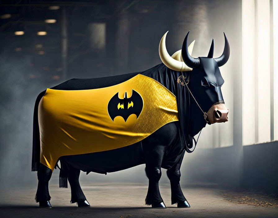 Bull wearing Batman cape and mask in misty room