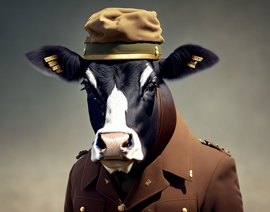 Comical cow in military uniform and cap for humorous anthropomorphism