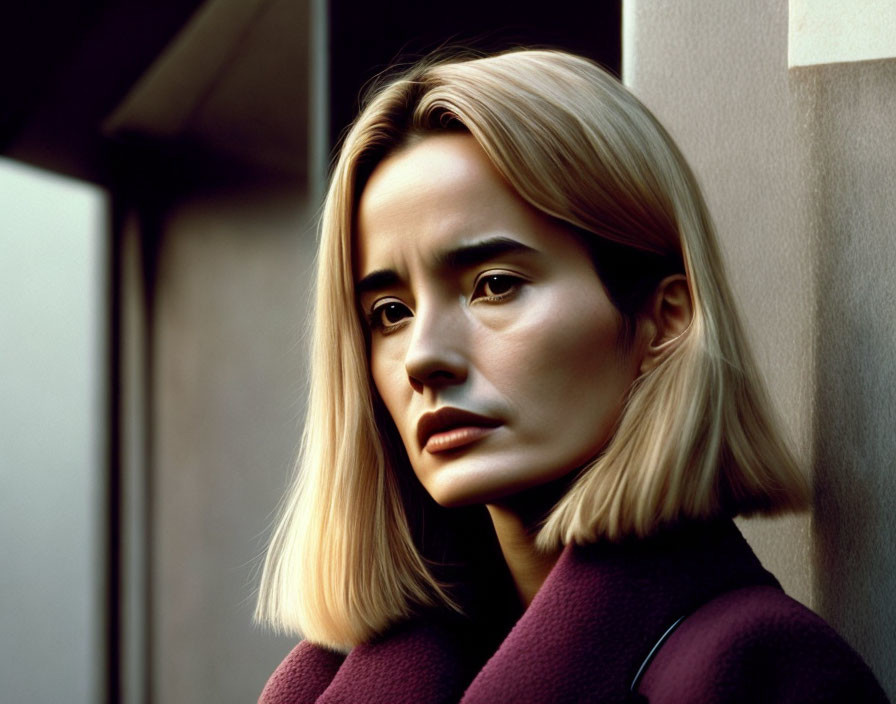 Blonde Woman in Burgundy Coat Looking Pensive