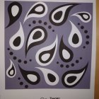 Abstract black and white painting with blob shapes and splatters, featuring text elements.