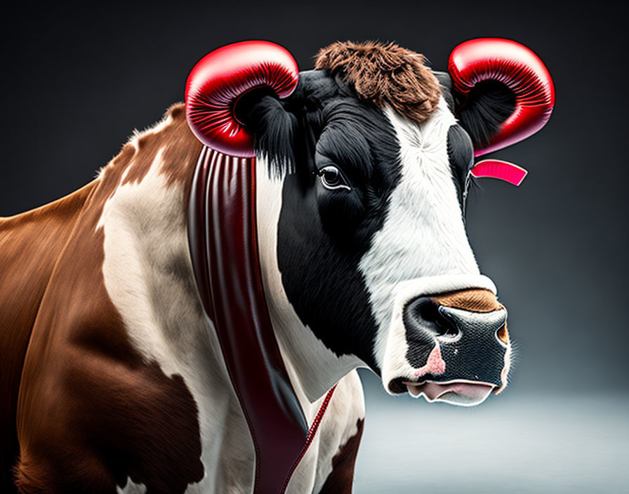 Digitally altered image: Cow with red ram horns and ribbons