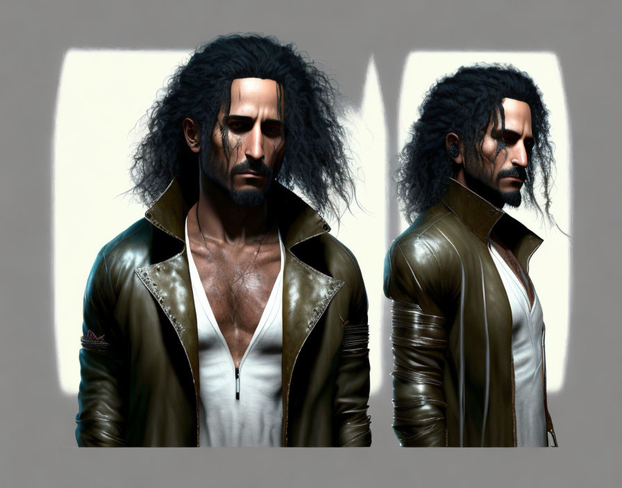 Man with Long Black Hair in Brown Leather Jacket: Digital Artwork