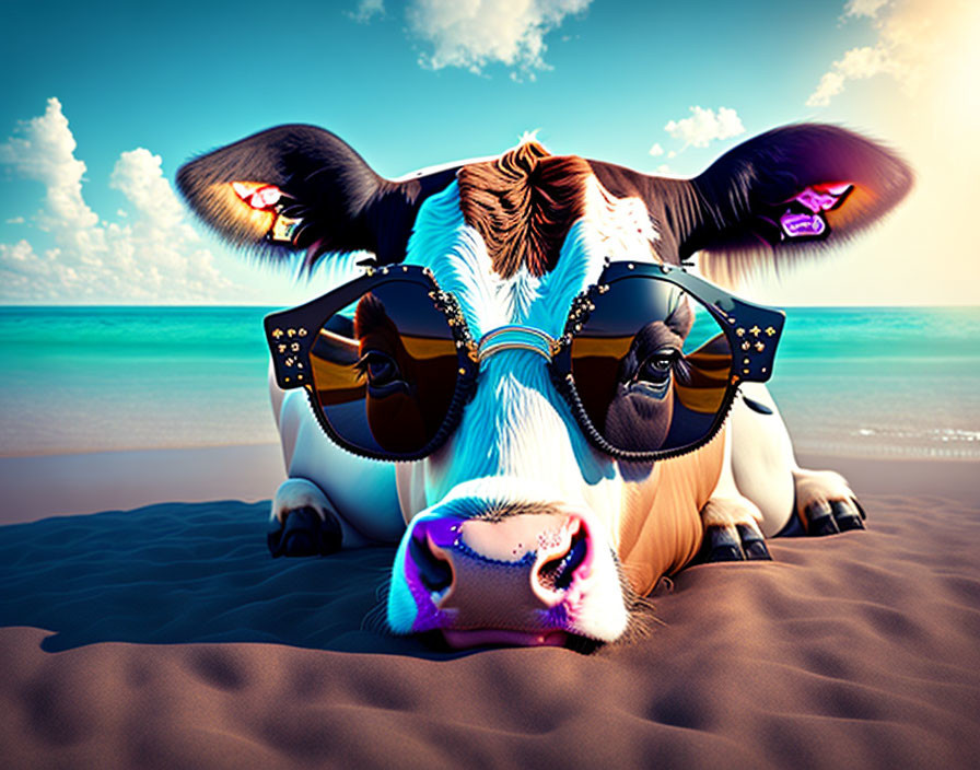 Cow wearing stylish sunglasses on a beach with extra eyes reflection