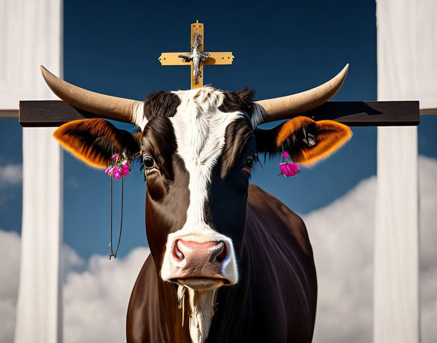 Digitally manipulated image: Cow with long horns, earrings, cross necklace, cloudy sky