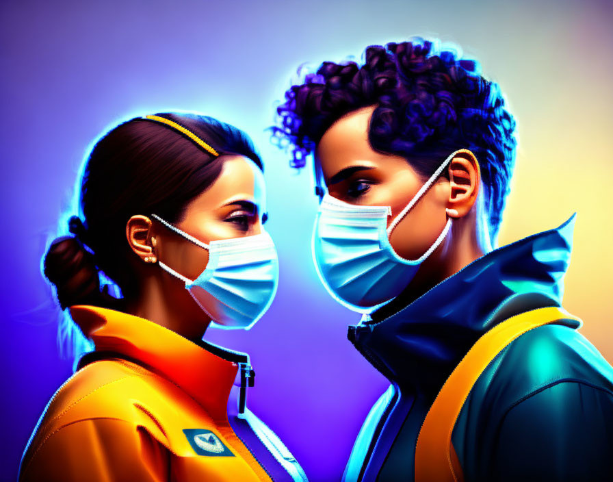 Digital artwork: Two people in medical masks glowing neon blue and orange on gradient background