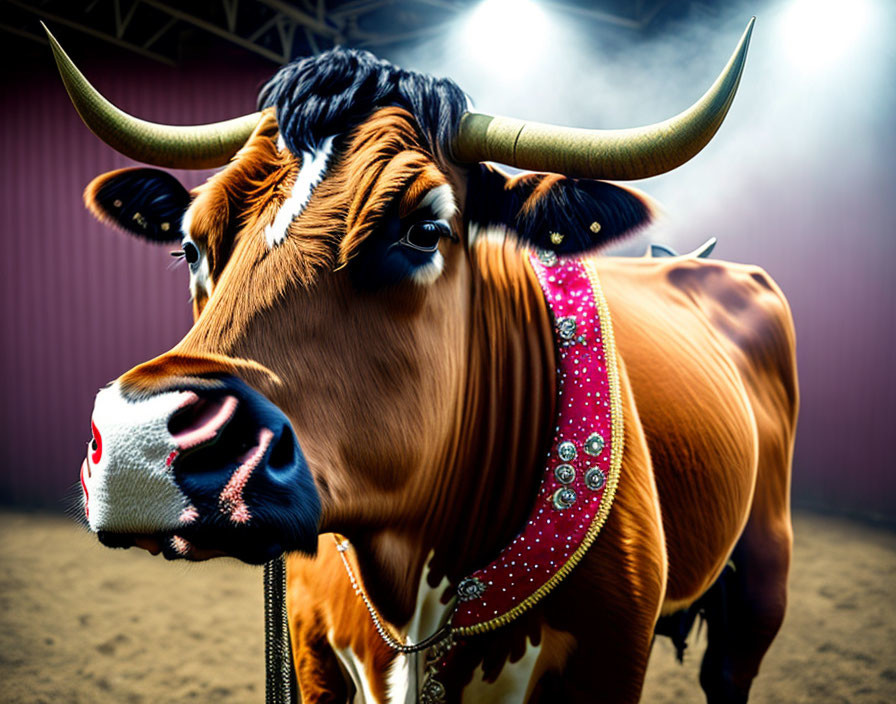 Brown and White Cow with Horns in Spotlight with Purple Haze