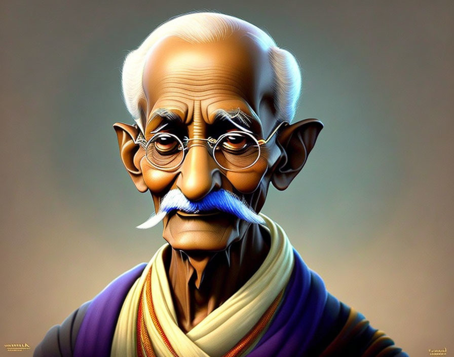 Elderly bald man with round glasses and mustache in traditional attire