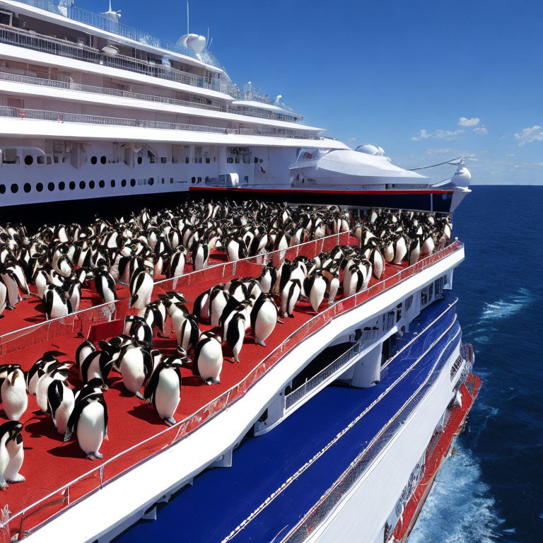 Crowded cruise ship deck with penguins looking out to sea