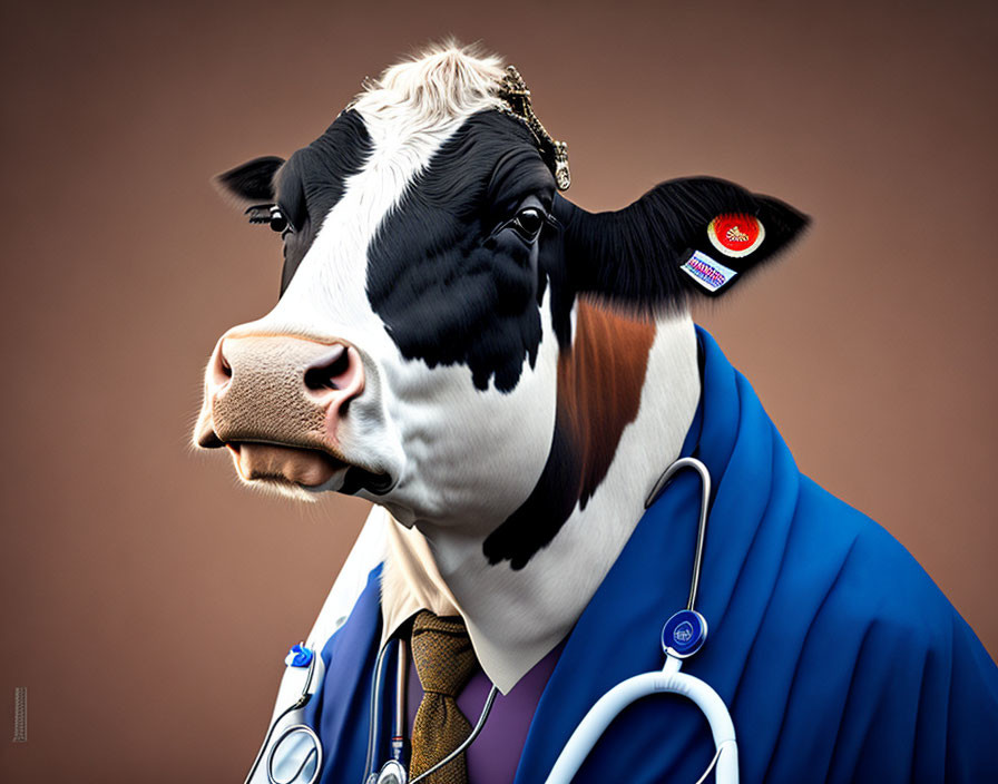 Cow in doctor attire with stethoscope and lab coat