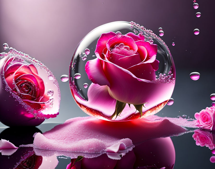 Pink Roses Covered in Water Droplets on Reflective Surface