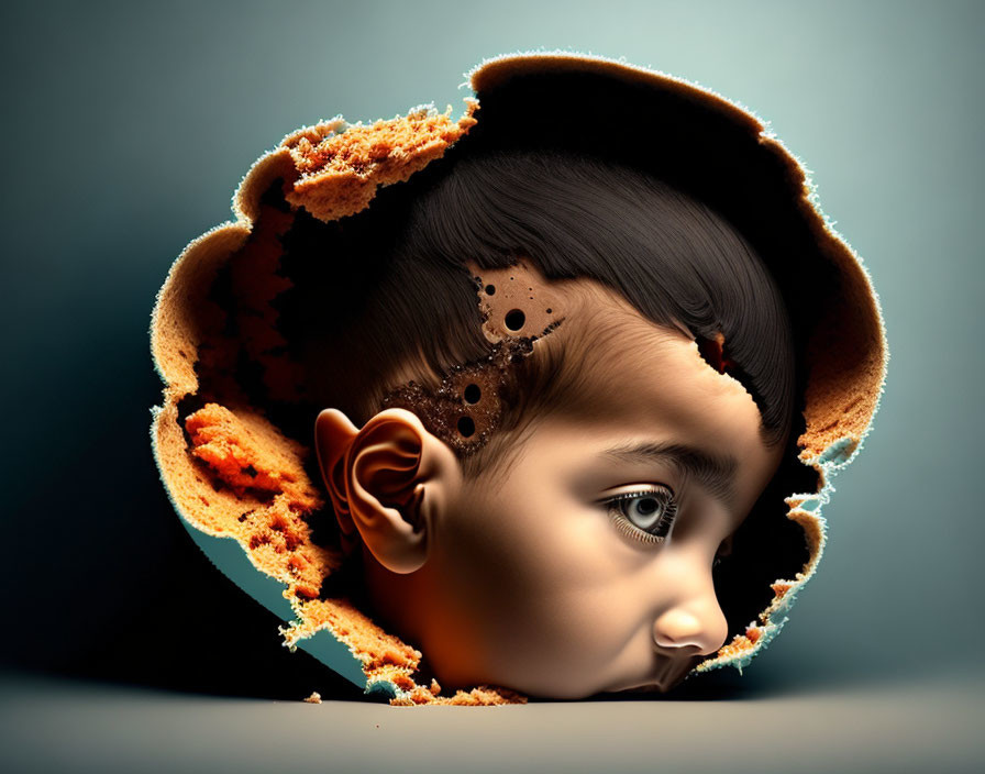 Child's face merges with mechanical gears in broken cookie, symbolizing blend of organic and artificial elements