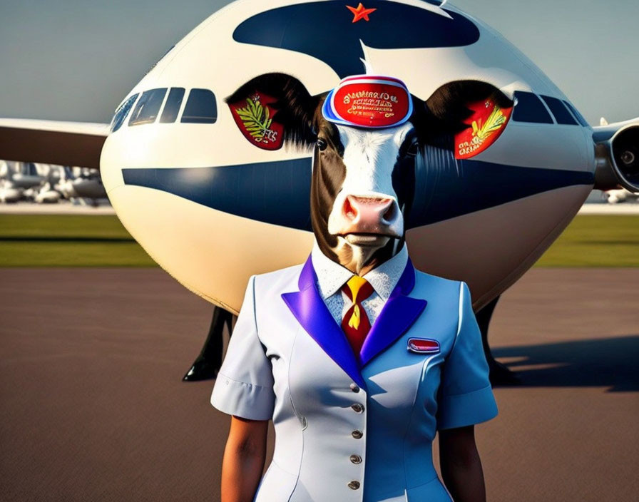 Cow in flight attendant attire with cow-patterned airplane, adorned with promotional stickers.