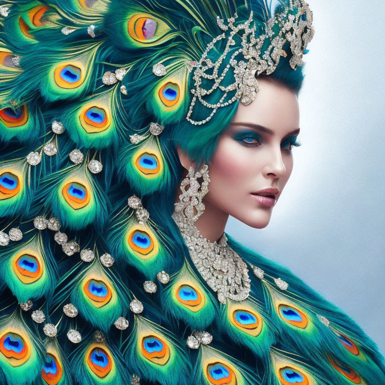 Regal woman in peacock feather attire and jeweled accessories