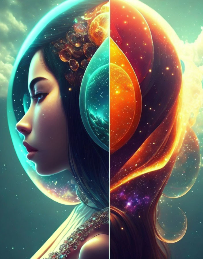 Colorful artwork showcasing split woman's profile with human and cosmic elements