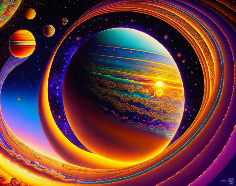 Colorful surreal cosmic scene with planets, swirling patterns, and bright star