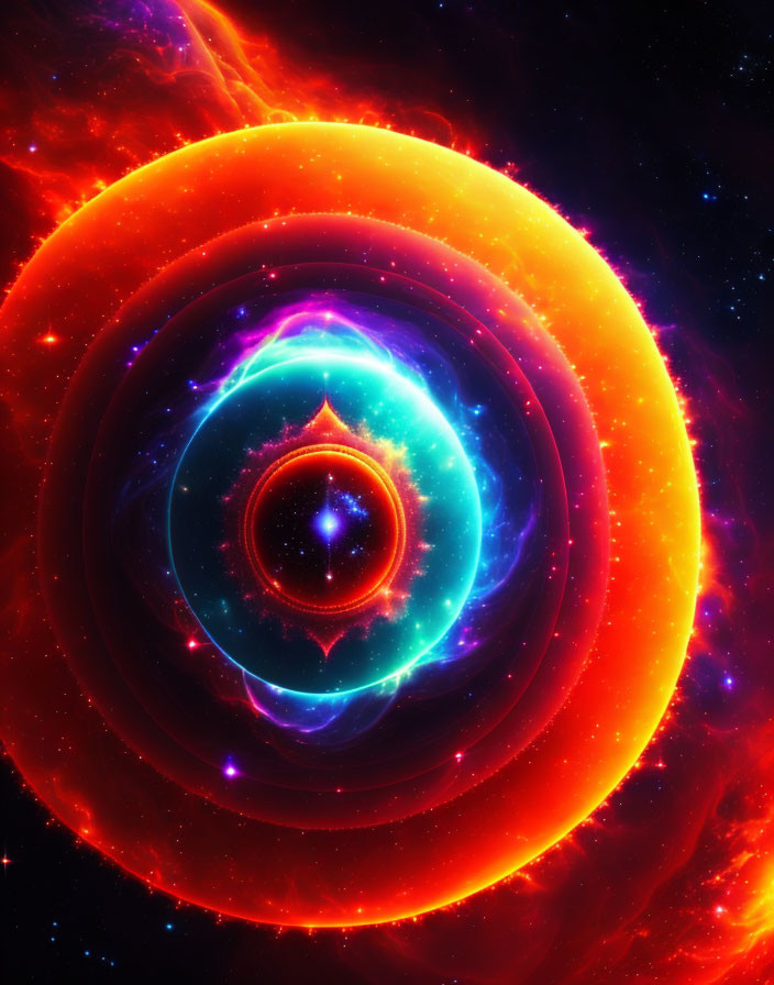 Colorful digital artwork of cosmic scene with fiery orange and red hues and cool blue glow.