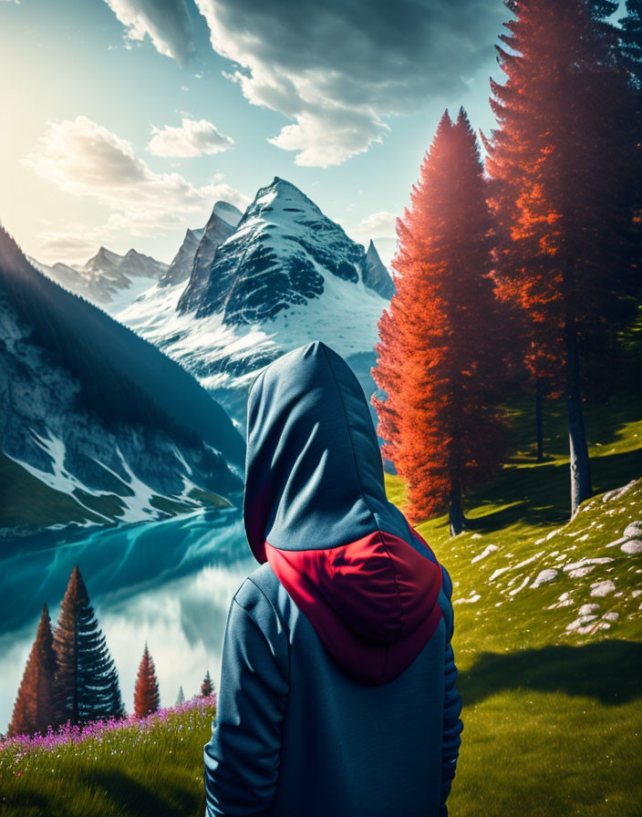 Person in hoodie admiring snow-capped mountains, serene lake, and vibrant trees under blue sky