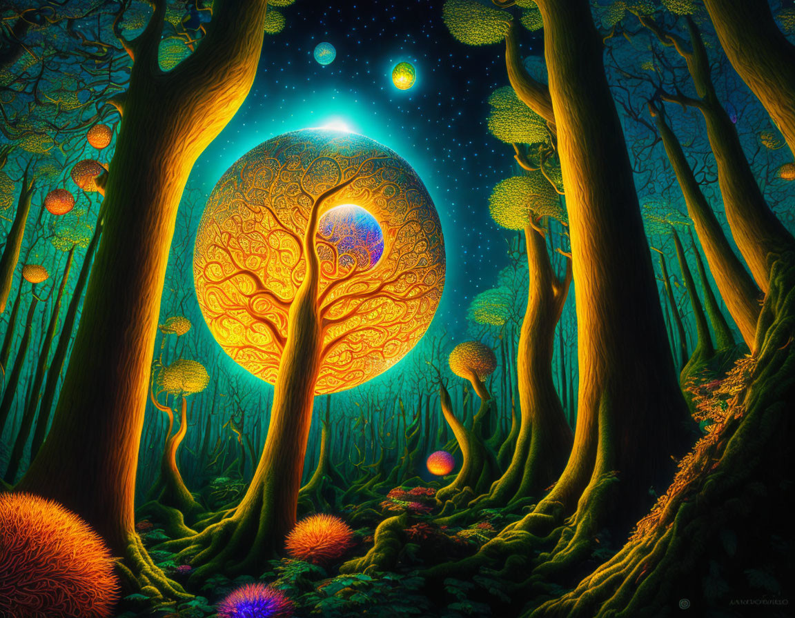 Luminous fantasy forest with glowing orbs and radiant tree