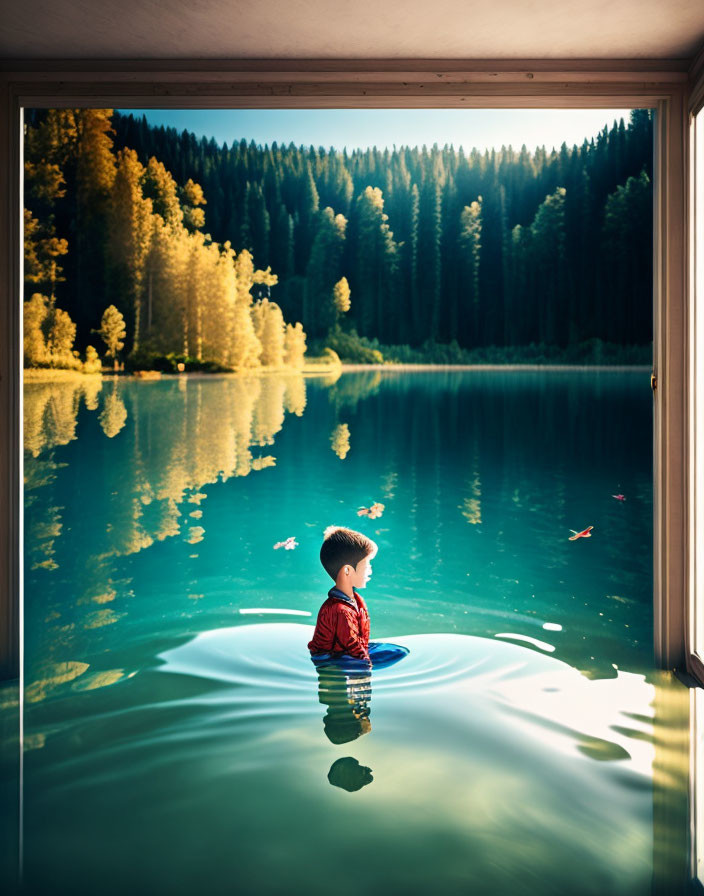 Tranquil image of young boy in water with floating fish