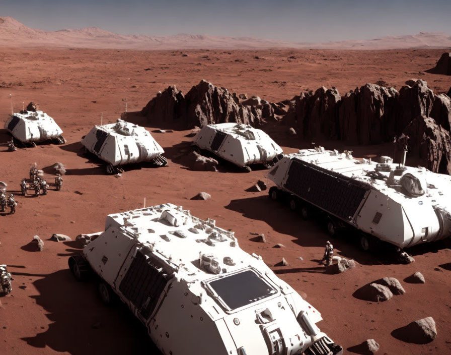 Simulated Mars Base with Habitat Modules and Rovers