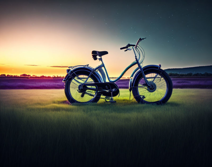 Vintage Bicycle in Sunset Field with Vibrant Sky