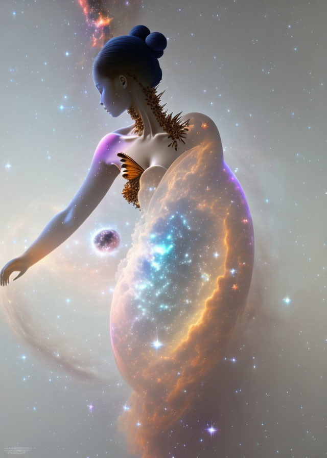 Celestial woman with galaxy body and stardust swirls