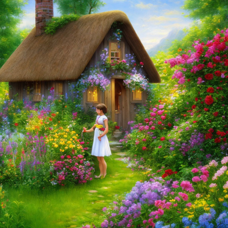 Young girl in white dress by colorful garden outside thatched-roof cottage