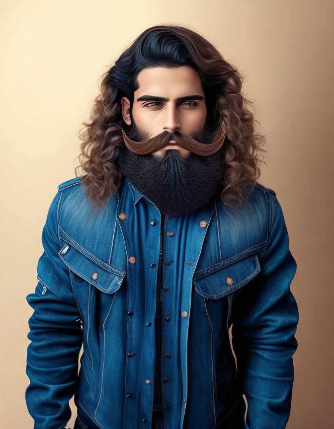 Man with Voluminous Hair and Curled Mustache in Denim Jacket Illustration