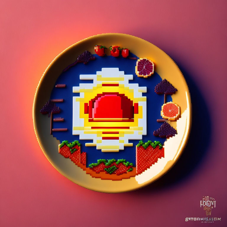 Pixelated food items on plate create sunset design.