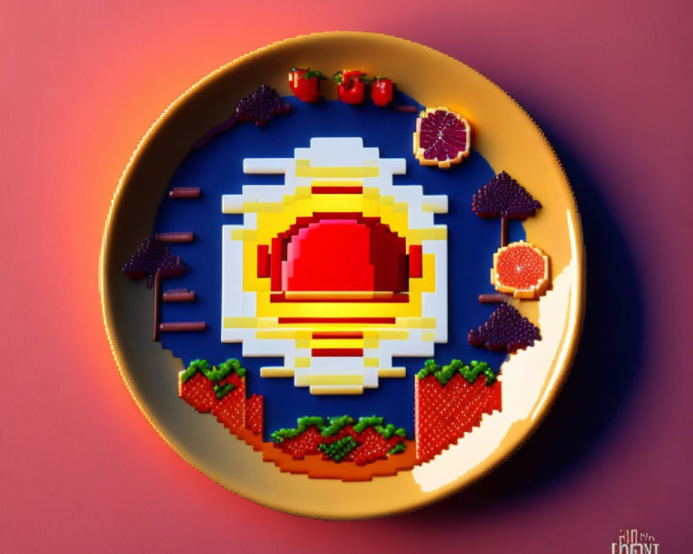 Pixelated food items on plate create sunset design.