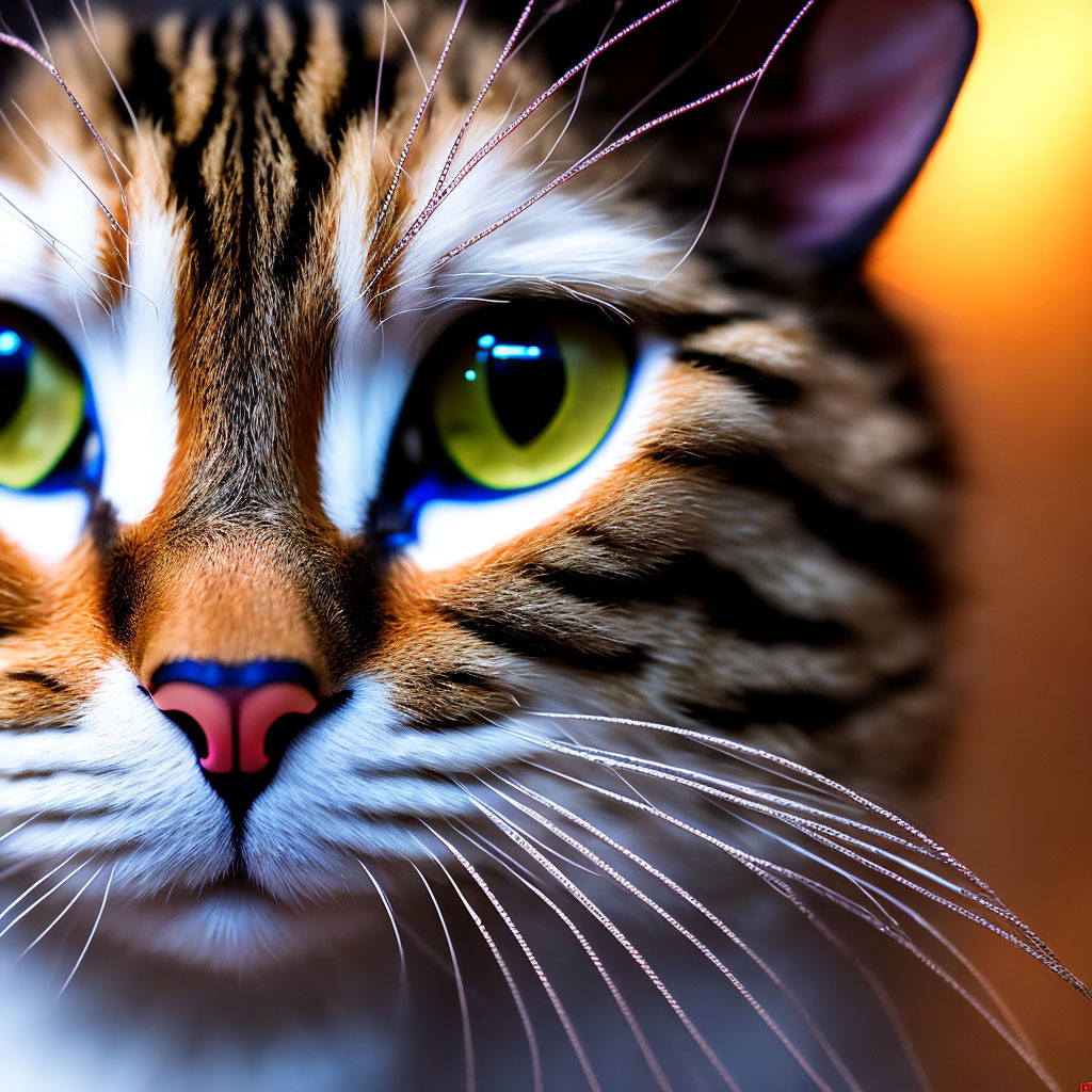 Cat with Green Eyes and Striped Fur on Amber Background