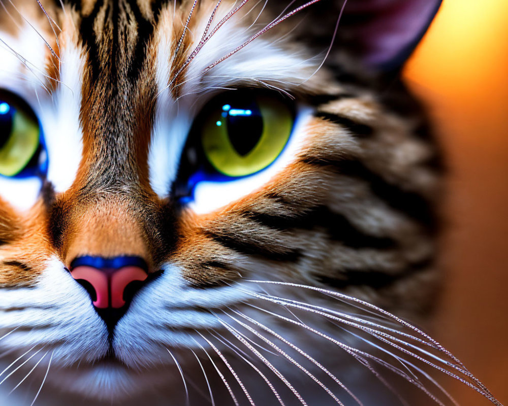 Cat with Green Eyes and Striped Fur on Amber Background