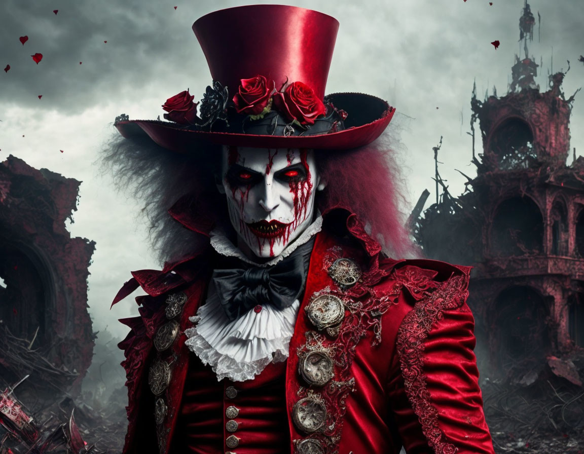 Elaborate dark clown makeup with red hat and detailed coat